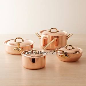 Cacerola de metal de diseño moderno con juego de 4 ollas de diferentes diseños y tamaños para calentar alimentos, utensilios de cocina hechos de cobre, Mesa - Product Image 1