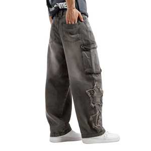 กางเกงยีนส์ทรงหลวมของผู้ชายกางเกงยีนส์ทรงหลวมสไตล์วินเทจผ้าปักลาย - Product Image 3