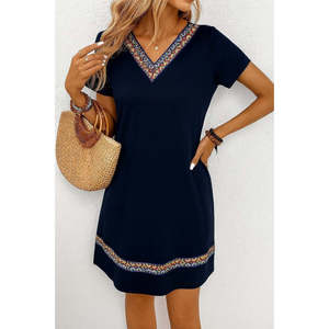 Women's Short-Sleeved V-Neck Ethnic Patterned <b>Viscose</b> <b>Dress</b> with Stripe Detail, 25998 - Navy blue - Product Image 1