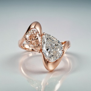 Bague de cocktail en or rose avec diamant taille poire et pierre champagne sertie à griffes, bague de fiançailles de luxe pour femme - Product Image 1