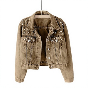 Veste en jean pour femme OEM avec rivets décoratifs, couleur unie, vêtement décontracté, veste d'automne, manteau en jean boutonné, denim oversize - Product Image 1
