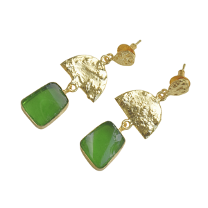 Boucles d'oreilles pendantes en laiton de qualité supérieure, plaquées or, avec quartz fluorite, pierre naturelle, design texturé mat, tendance, vintage, pièce unique - Product Image 2