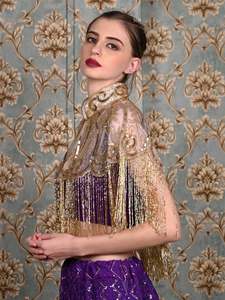 Hermosa capa burlesca con cuentas y lentejuelas, silueta recta con flecos colgantes, sujeta el cuello, ropa festiva para festivales, capas - Product Image 3