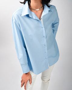 Camisa de Mujer, Azul Claro, Oversize, Manga Larga Raglán, con Botones, Corte Regular, Color Sólido, Tejido de Algodón, Verano, ODM - Product Image 2