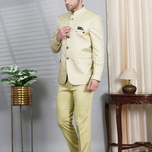 ชุดสูทผ้าโพลีเอสเตอร์2ชิ้นสำหรับผู้ชายชุดออกงานเลี้ยงแบบยาวคอตั้งระบายอากาศได้มีกระดุมด้านหน้าเรียบ - Product Image 1