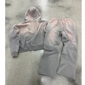 Custom Distressed <b>Embroidery</b> Patch Hoodie Acid Wash Boxy Fit Vintage Zip Cotton Sweatpants Jogger Tracksuit <b>Set</b> Bulk Wholesale - Product Image 3