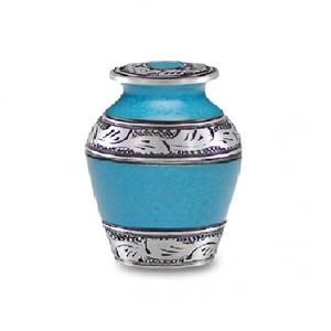 Urnas de recuerdo de cremación de latón con grabado de peltre negro y azul cielo acabado para cenizas humanas-Suministro funerario - Product Image 1