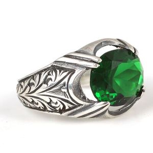 925 Sterling <b>Silver</b> Men's Eternity <b>Ring</b> with Oval Cut Synthetic <b>Emerald</b> Trendy One Size Inlay Setting Gift - Product Image 2