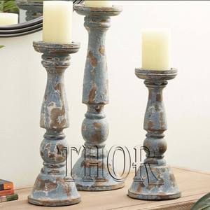 Rustic Grey Hand Carved Mango Wood <b>Candle</b> Holders Set 3 <b>Pillar</b> <b>Candles</b> for Home Living Room Kitchen Decor-for Easter - Product Image 2