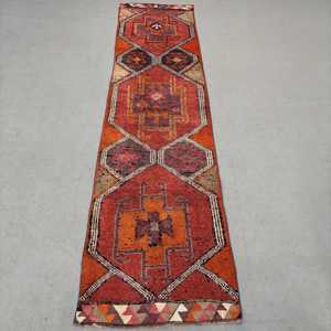 Vintage Herki <b>Runner</b> Rug 3x11.2 ft (92x340 cm), Turkish <b>Red</b> Ombr Wool Rug - Product Image 1