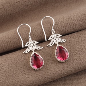 Women’s 925 Sterling Silver Bohemian Drop <b>Earrings</b> Geometric Pattern Pink <b>Tourmaline</b> Bezel Set Handmade Dangle <b>Earrings</b> - Product Image 3