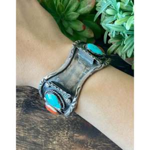 Vintage Navajo Kingman Turquoise & Coral Handmade Sterling <b>Silver</b> Watch <b>Cuff</b> <b>Bracelet</b> - Product Image 2
