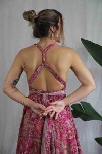 Maxi vestido rosa floral para mujer elegante y sexy verano moda plisado algodón Material sin mangas - Product Image 4