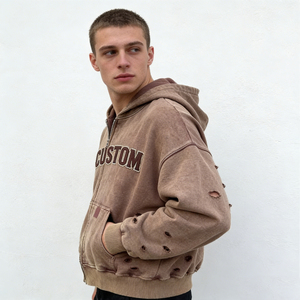 Sudadera con capucha para hombre, estilo casual urbano, venta al por mayor de fábrica, vintage, lavada, rasgada, con apliques de letras y bolsillos grandes - Product Image 2