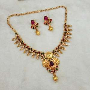 Shubham <b>Fine</b> <b>Jewelry</b> <b>Set</b> Maroon and Green Pota Stone Copper Necklace-FBK0065A - Product Image 1