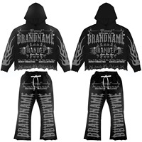 Sudadera Corta con Estampado Personalizado, Lavado Ácido, Completamente Decorada con Pedrería, Pantalones Deportivos Acampanados para Hombre, Conjunto Deportivo de Algodón
