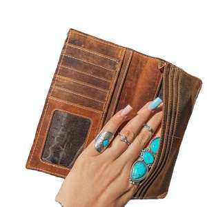 Ensemble de pochettes et portefeuilles à trois volets en cuir véritable pour femmes, imprimé au laser, style vintage, avec protection RFID et fermeture éclair, vente en gros - Product Image 3