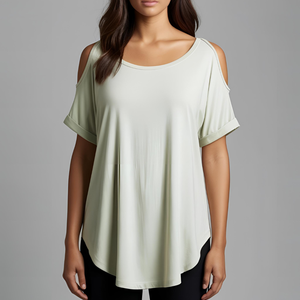 เสื้อยืดผ้าคอตตอนถักแบบหนาผสมเปิดไหล่ทรงโอเวอร์ไซส์ใส่สบายแขนพิมพ์โลโก้ - Product Image 4