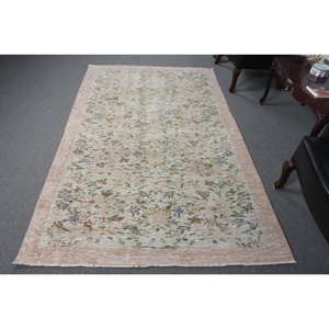 Alfombra Vintage de 4.8x7.7 pies, Alfombra Turca, Alfombra de Lana con Rayas Rosas - Product Image 1