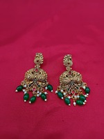 Collier long et boucles d'oreilles de mariée en alliage plaqué or antique, style temple religieux du sud de l'Inde, pour fiançailles, mariage, fête, avec quartz