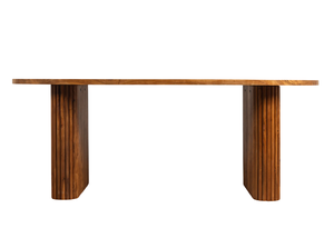 Table à manger ovale moderne en bois d'acacia massif, bords arrondis, motif de lignes, piédestal en bois, finition noyer brun, 6 places - Product Image 3