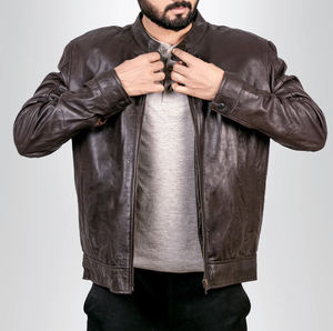 Veste en cuir véritable pour homme de marque en gros, mode d'hiver, sur mesure, col montant, logo sur le devant, OEM, commandes en gros - Product Image 3