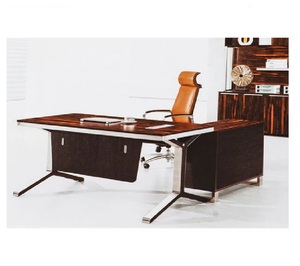 Modern Executive Office <b>Desk</b> with Wooden Finish, <b>Metal</b> Frame <b>Legs</b>, and Ergonomic High-Back Leather Chair - Product Image 1
