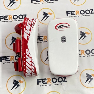 Top Selling Personalized Twins White Red Kickboxing <b>Kick</b> <b>Shields</b> Genuine Leather Protection Training Curved Leg Thai Pads - Product Image 2