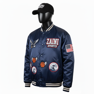 Veste universitaire en satin brillant de qualité supérieure 220GSM Bleu marine Broderie personnalisée Logo Aigle Patchwork Drapeau américain Veste en satin pour hommes - Product Image 5