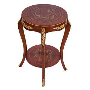 Mesa Auxiliar Redonda de Dos Niveles de Caoba de Lujo con Incrustaciones Florales y Detalles Ornamentales de Latón Dorado para Decoración Clásica del Hogar - Product Image 6