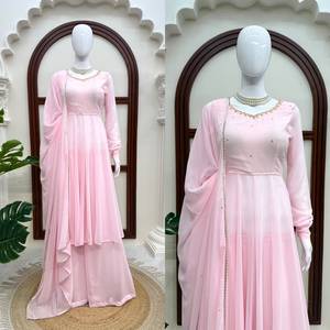 Conjunto de diseñador con top Anarkali de georgette sintética con trabajo manual, pantalón Plazzo y dupatta, completamente cosido y listo para usar. - Product Image 6