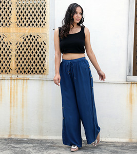 กางเกงขายาวแฟชั่นใหม่สำหรับผู้หญิง ขายส่ง ผ้าเรยอน สไตล์ลำลอง เอวสูง ทรงขากว้าง หลวม มีกระดุมด้านข้าง เหมาะสำหรับฤดูร้อน - Product Image 1