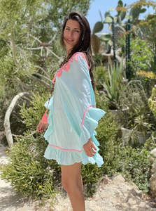 Vente en gros de la dernière robe kaftan bohème en coton 100% brodée bleu et blanc, manches longues, ceinture, col libre, 6XL, plage - Product Image 3