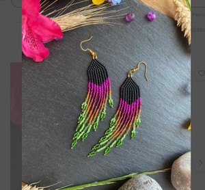 Long Fringe <b>Earrings</b>, pink Orange and <b>Green</b> <b>Earrings</b>, Tropical Beaded <b>Earrings</b>, Bright <b>Earrings</b> - Product Image 1