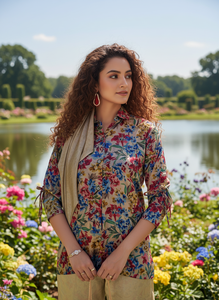 Ensemble coordonné élégant à imprimé floral pour femmes, kurta ethnique contemporain à coupe asymétrique, pantalon assorti, écharpe, tenue de soirée, polyester, séchage rapide - Product Image 4