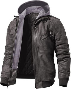 Chaqueta de motorista lavada con ácido clásica para hombre, cuero genuino personalizado y lona, estilo de cuello levantado de tendencia superior - Product Image 1