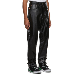 กางเกงแฟชั่นหนัง PU เอวสูงสำหรับผู้ชายเสื้อผ้าลายตรงสีพื้นมีกระดุมปิด - Product Image 3