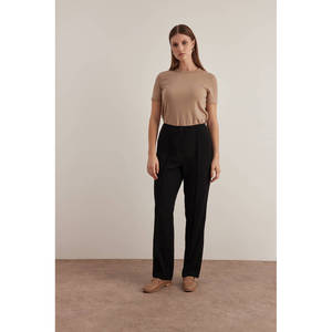 High-Waist <b>Black</b> Woven <b>Trousers</b> <b>with</b> Elastic Waist and Welt <b>Pockets</b> - Product Image 1