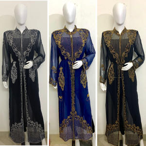 <b>UK</b> Elegant Long Poncho Cover-Up Dress Abaya Style Overcoat <b>Women</b> Party Wear Islamic Hand Embroidered Georgette Silk Kaftan - Product Image 5