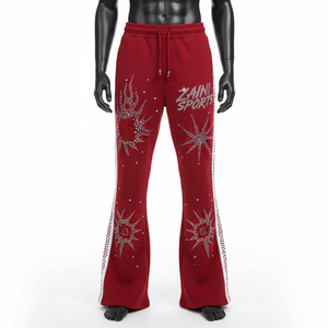 Pantalones Acampanados de Felpa de Algodón Premium, Rojo Oscuro, Tela Suave al Tacto, Panel Lateral con Cristales Hotfix, Logotipo Personalizado - Product Image 1