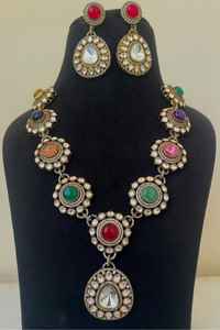 Gold Plated Luxury Designer Polki <b>Necklace</b> <b>Set</b> with Earrings <b>Bridal</b> Jewelry for Wedding & Party Celebration - Product Image 2