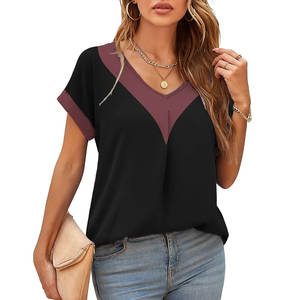 Venta caliente de las mujeres de cuello en V de manga corta Camisetas 100% de algodón transpirable estilo Casual al por mayor con la etiqueta del logotipo personalizado para el verano - Product Image 1