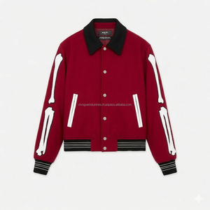 Chaqueta Varsity para Hombre al por Mayor con Diseño de Huesos de Esqueleto, Ribete de Cuero en Contraste, Abrigo de Moda Urbana, Chaquetas Letterman Varsity - Product Image 2