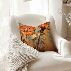 Almohada con estampado floral abstracto de margaritas y flores naranjas - Decoración moderna para el hogar, 16"x16" - 40x40 cm - Product Image 3