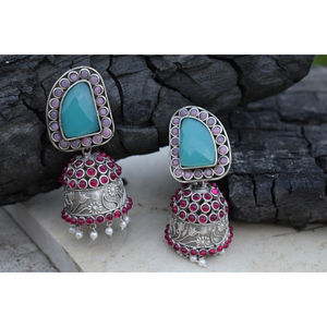 Grandes boucles d'oreilles jhumka en forme de pierre en laiton imitation argent, artisanales, traditionnelles, pour filles et femmes - Product Image 4