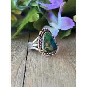 Navajo Handmade Sterling Silver <b>Ring</b> with Sonoran <b>Gold</b> <b>Turquoise</b> Size 10.75 Boho Statement Jewelry - Product Image 3