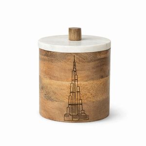 Pot de rangement en bois avec vue sur la ville de Dubaï et calligraphie arabe, couvercle en marbre, boîte décorative en bois d'acacia et de mangue - Product Image 5