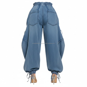 Pantalon cargo en jean ample pour femme, taille haute, avec cordon de serrage, style streetwear, multi-poches, effet froncé - Product Image 2