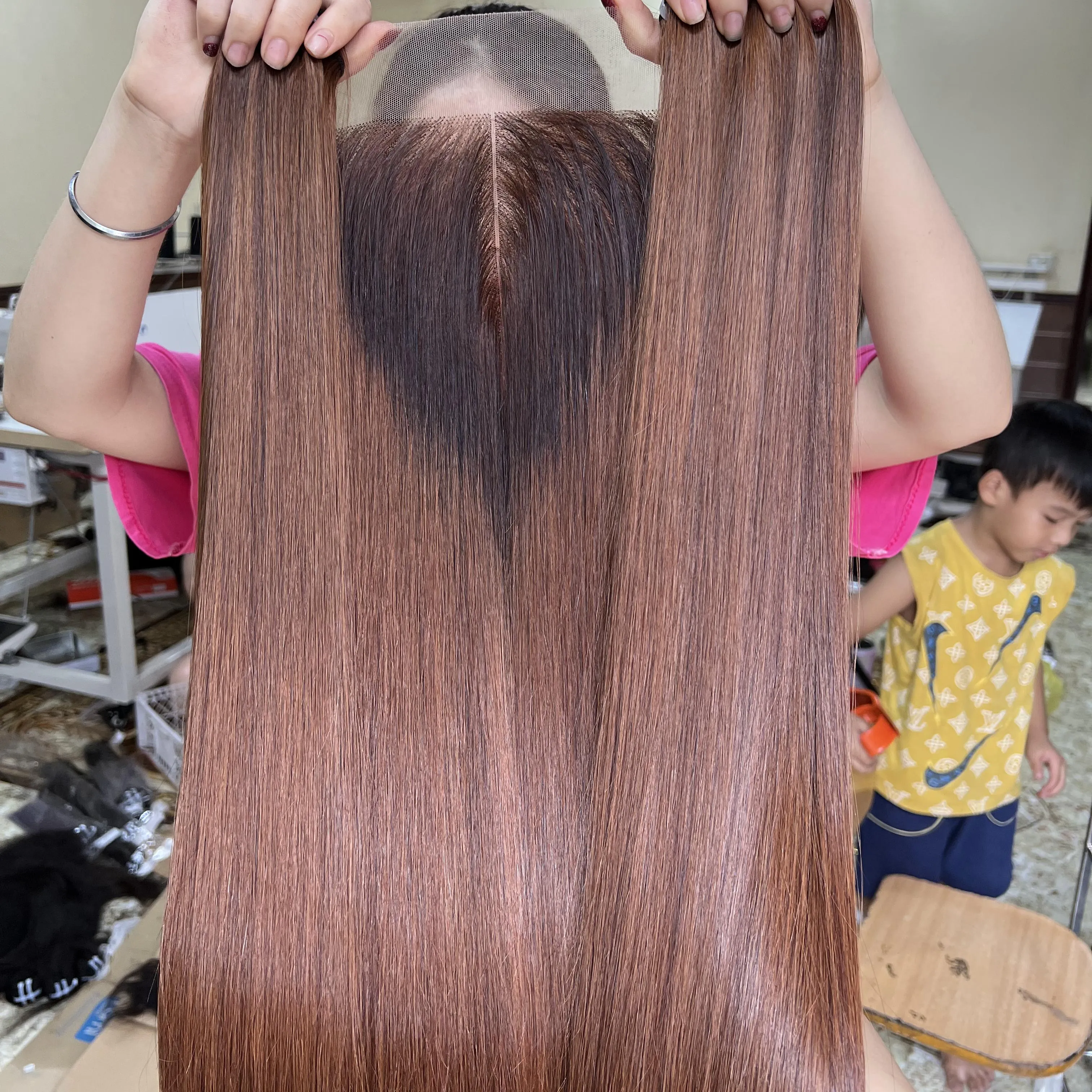Bone Straight hair Weft and Closure Piano Brown color 100% Human Vietnam hair double drawn or super drawn Luxury hair