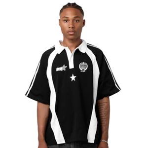 เสื้อโปโลผู้ชายทรงโอเวอร์ไซส์ ผ้าฝ้าย 270GSM คอติดกระดุม สไตล์สตรีทแวร์ พร้อมแผงสีตัดกันและโลโก้ปัก - Product Image 1